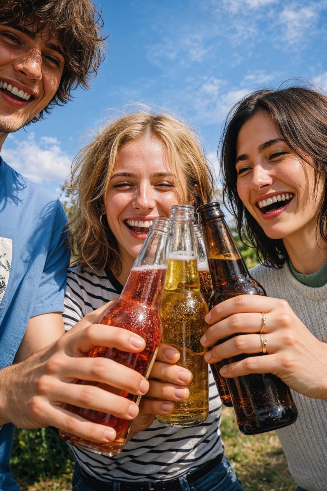 Consumidores reais celebrando com bebidas compradas no varejo